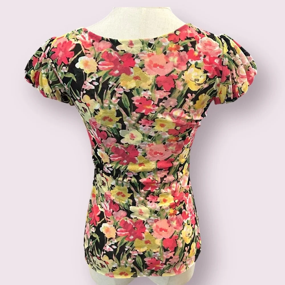 Y2K Floral Babydoll Milkmaid Mesh Top Sz XXS Floral Puff Sleeves Square Neckline